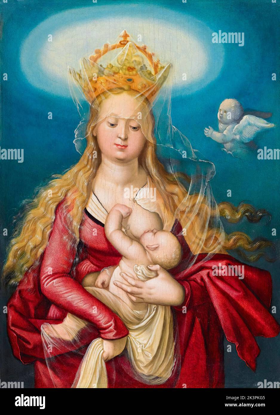 La Virgen, como Reina del Cielo, amamantando al niño Cristo, pintura al óleo sobre madera de lima por Hans Baldung Grien, 1517-1518 Foto de stock