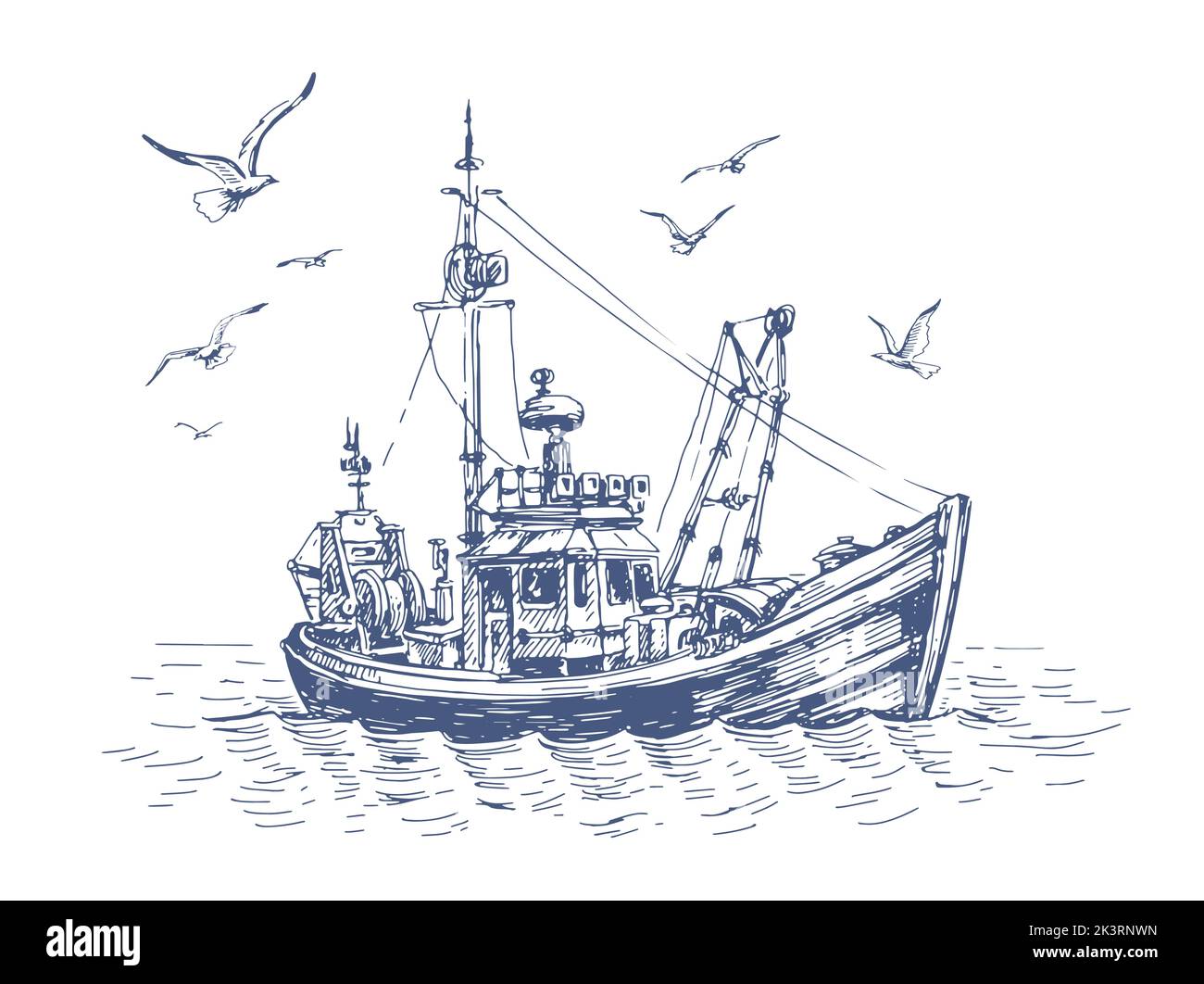 Pequeño barco de pesca en el mar. Gaviotas y el buque, barco en el agua. Ilustración de vector de boceto de pesca y paisaje marino Ilustración del Vector