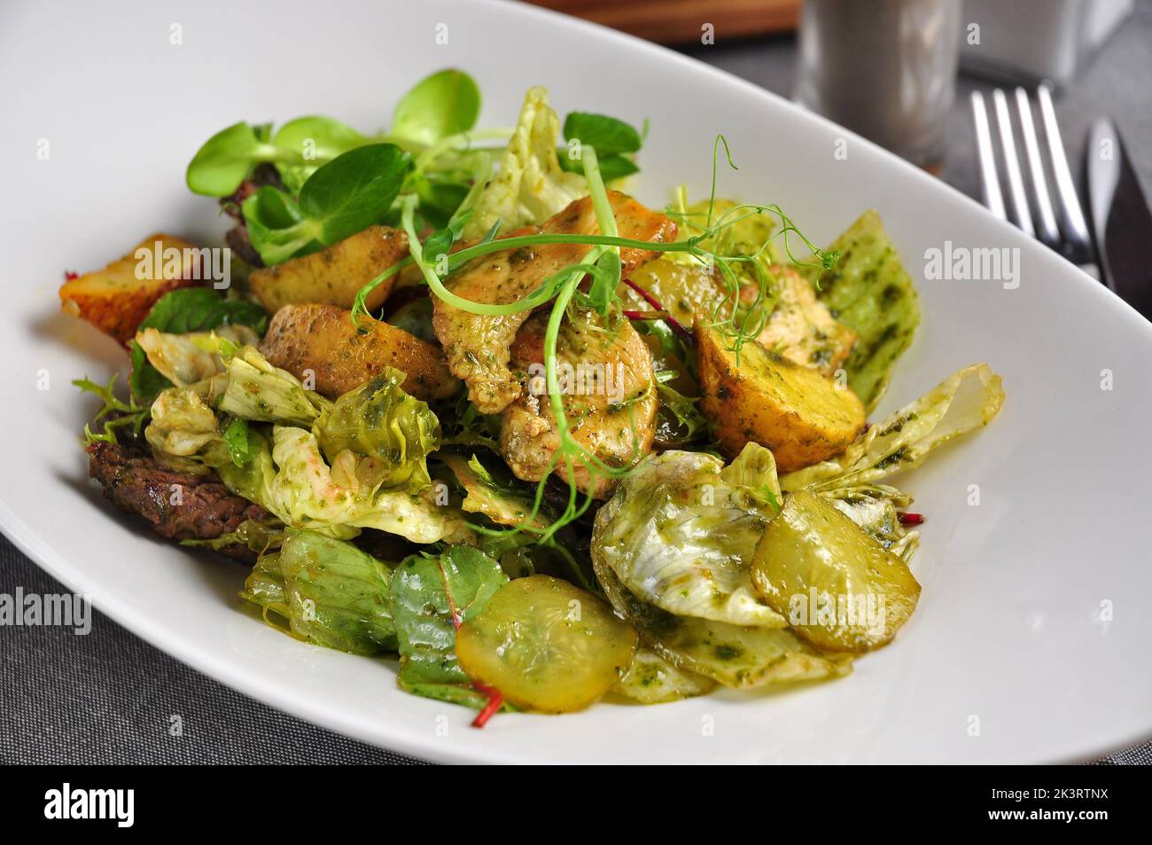 sabrosa ensalada caliente con ternera, pollo, cerdo y verduras Foto de stock