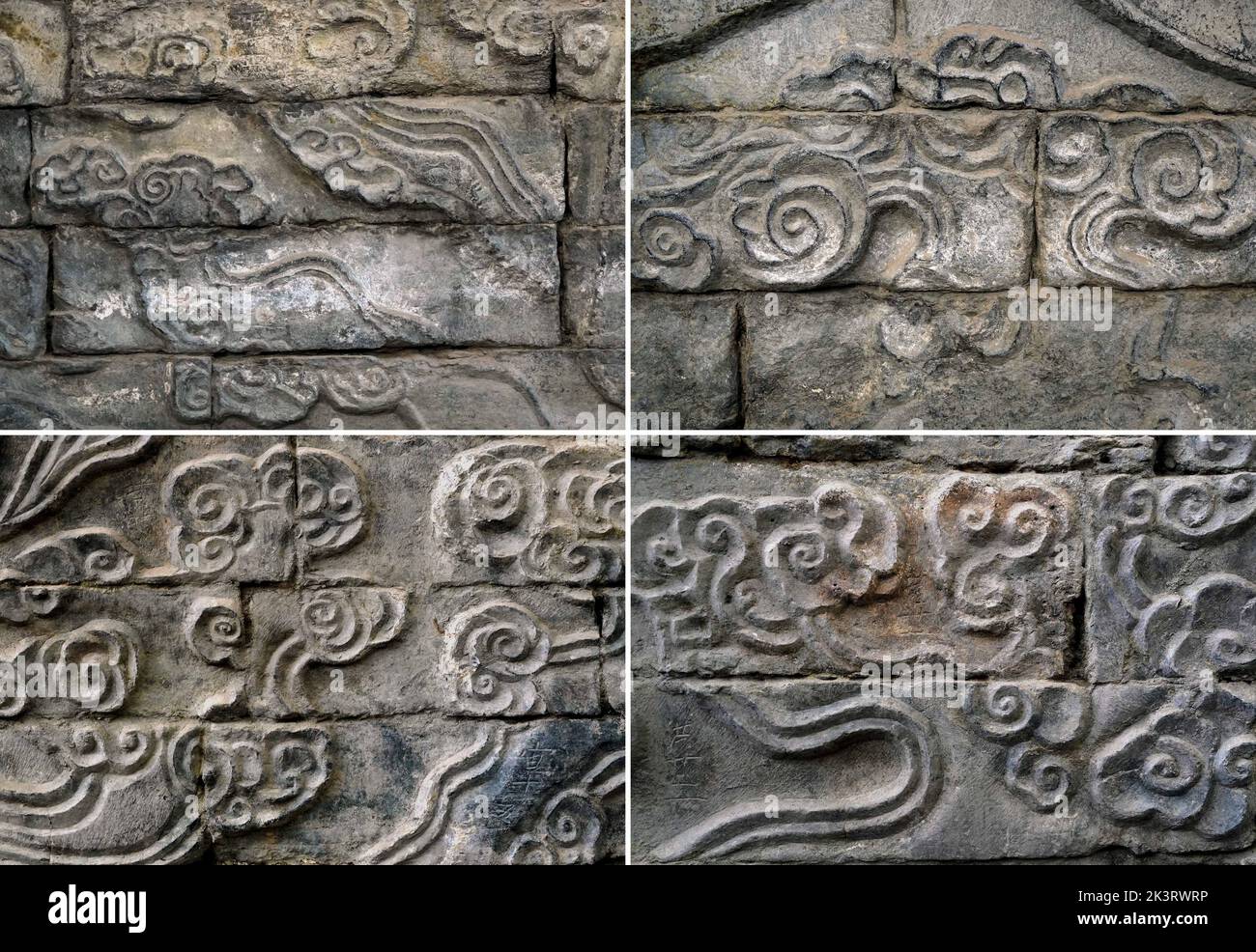 (220928) -- ZHENGZHOU, 28 de septiembre de 2022 (Xinhua) -- Foto combinada tomada el 21 de septiembre de 2022 muestra patrones de nubes auspiciosos en murales de piedra descubiertos en el sitio de reliquias de Zhouqiao en la ciudad de Kaifeng, provincia de Henan, en el centro de China. Dos murales de piedra de la Dinastía Song del Norte (960-1127) han sido desenterrados en la provincia de Henan, que son los más grandes de su tipo jamás encontrados en el país, los arqueólogos dijeron el miércoles. Los murales, descubiertos en el sitio de reliquias de Zhouqiao en la ciudad de Kaifeng, están distribuidos simétricamente a lo largo de las orillas norte y sur en el lado este del puente de Zhouqiao. El Foto de stock