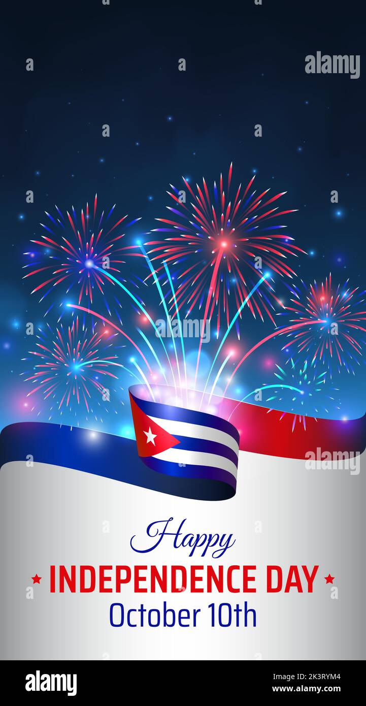 10 de octubre, día de la independencia cuba. Bandera cubana ondulada y coloridos fuegos artificiales sobre fondo azul cielo. Fiesta nacional de cuba 10th de octubre. Día de la independencia Ilustración del Vector