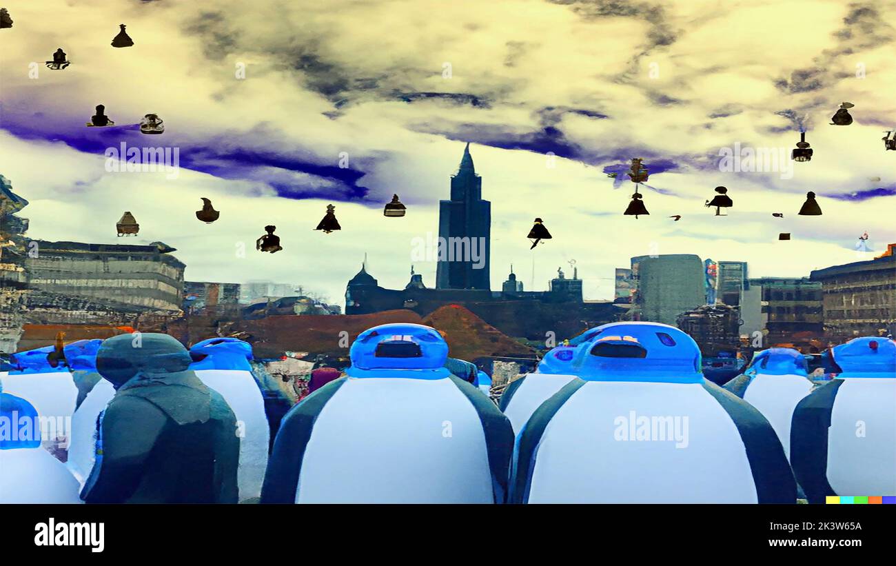 Panorama de la ciudad con pingüinos creado con DALL-E 2 por el ferry gerard Glasgow, Escocia, Reino Unido Foto de stock