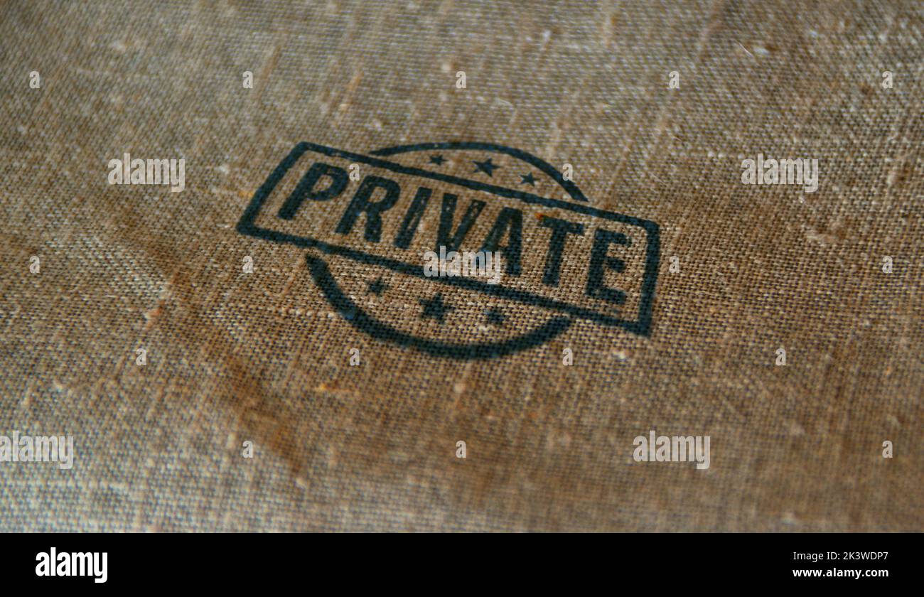 Sello privado impreso en saco de lino. Concepto de privacidad, secreto y confidencial. Foto de stock