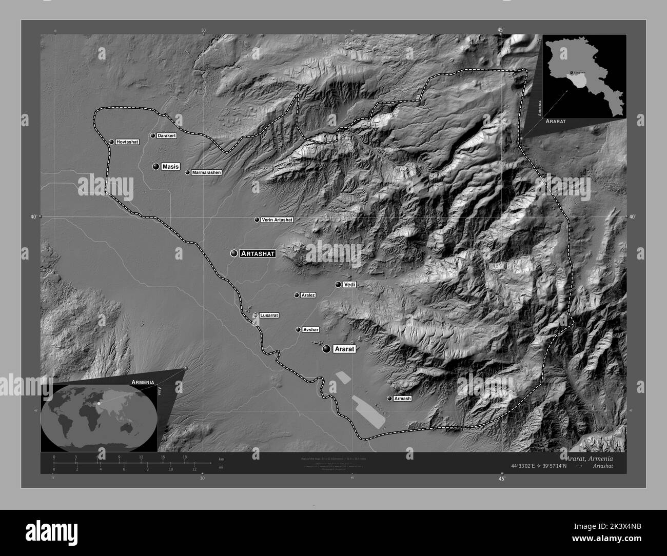 Ararat, provincia de Armenia. Mapa de elevación en dos niveles con