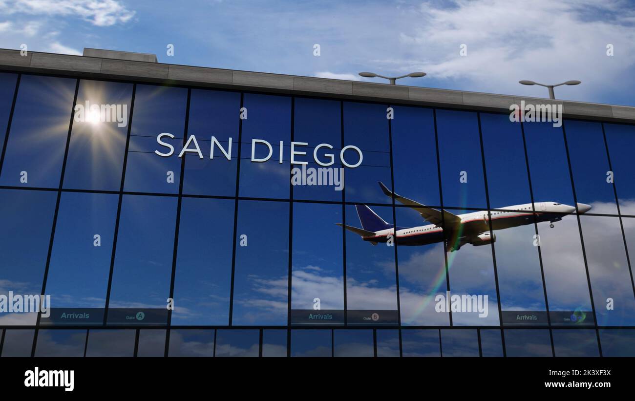 Aterrizaje de aviones en San Diego, California, EE.UU. 3D ilustración. Llegada a la ciudad con la terminal de vidrio del aeropuerto y reflejo de JET pl Foto de stock