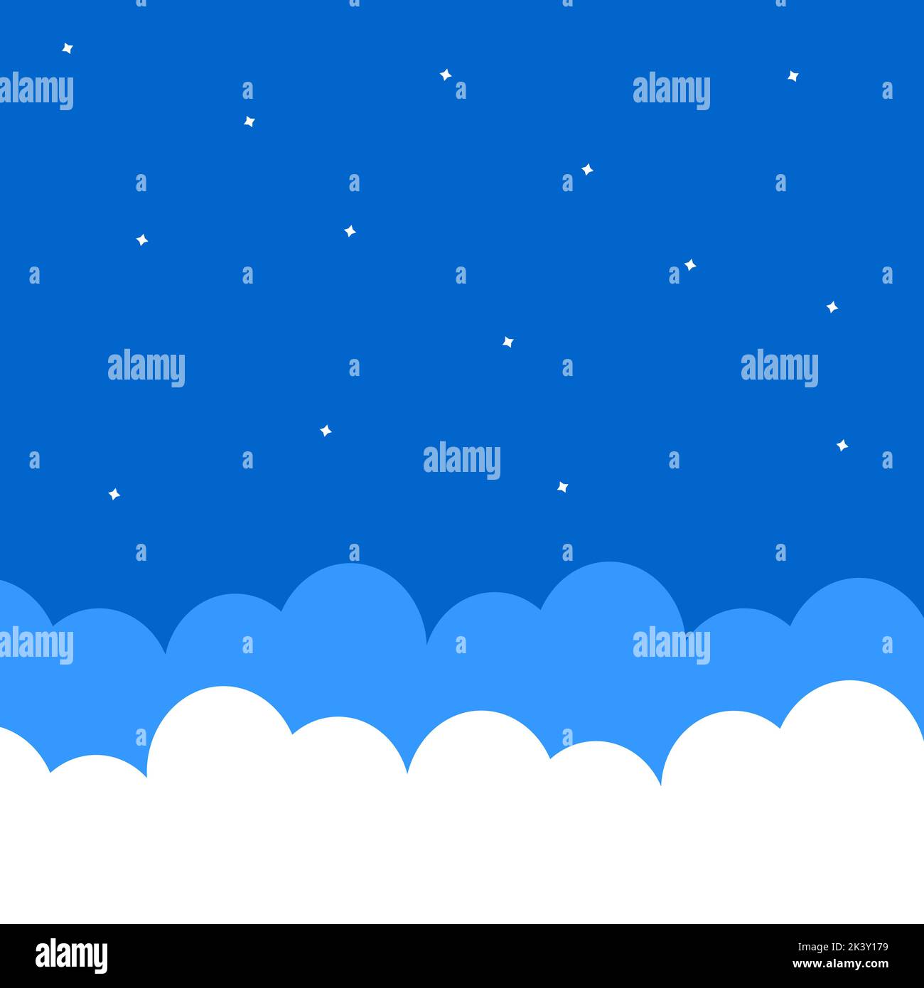 Nubes y estrellas en el cielo azul. Lindo fondo en estilo de dibujos animados. Ilustración vectorial. Ilustración del Vector