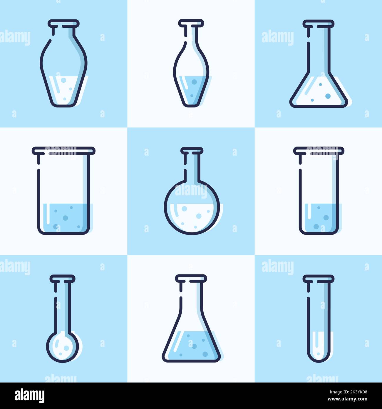 Matraces de vidrio para química. Juego de nueve tubos de vidrio diferentes. Ilustración del Vector