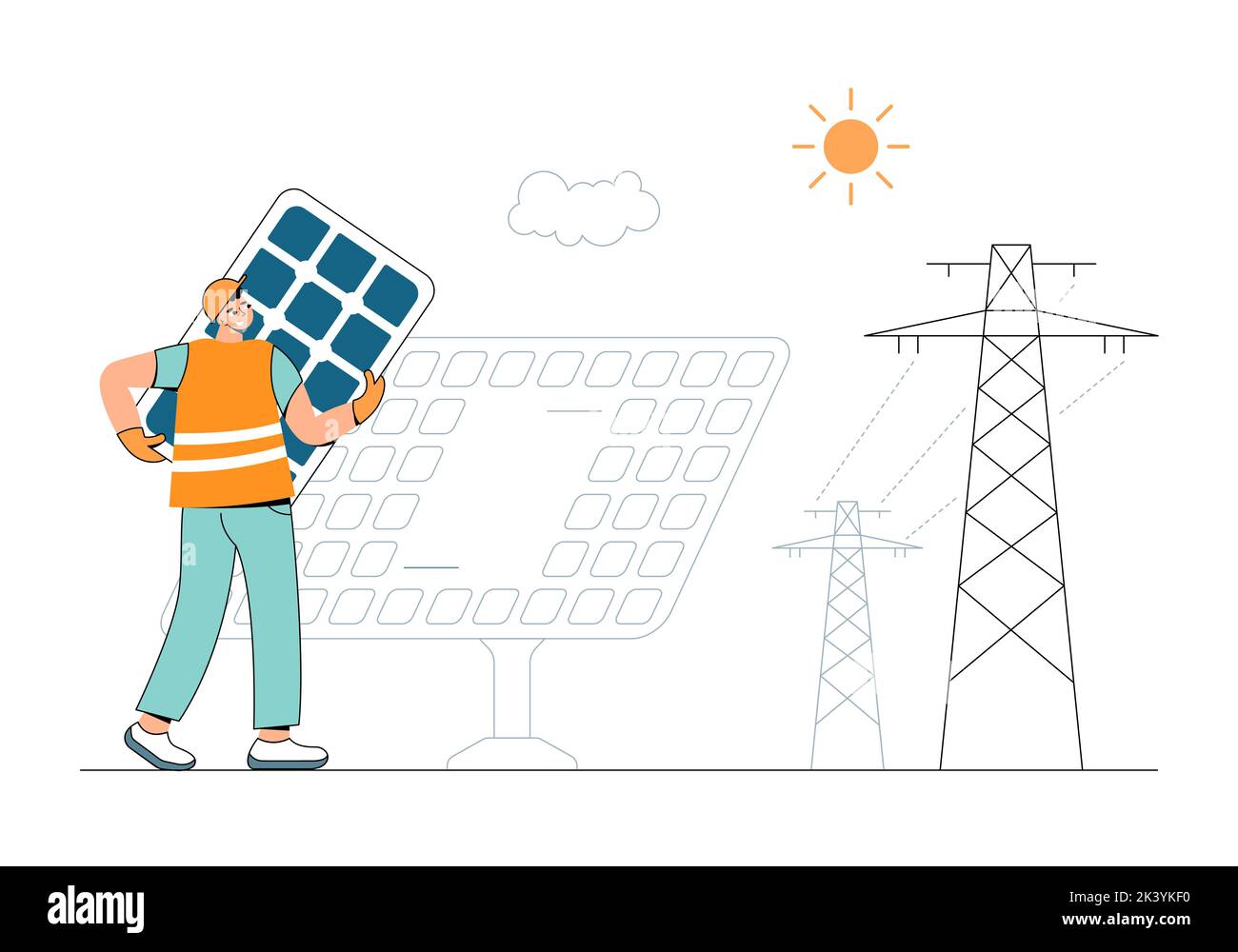 Energía inteligente y ecológica. Un trabajador puso un panel en una planta de energía solar. Energía inteligente y ecológica. Ilustración del Vector