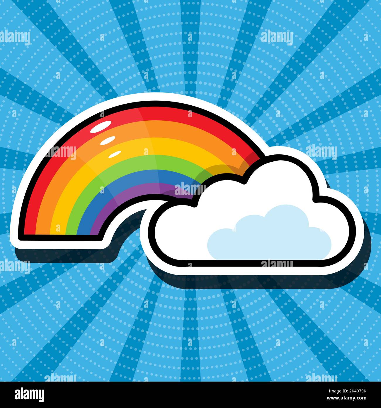 Ilustración de dibujos animados de arco iris y nube. Fondo azul retro. Estilo cómic, arte pop. Pegatinas, parches, pins. Ilustración del Vector