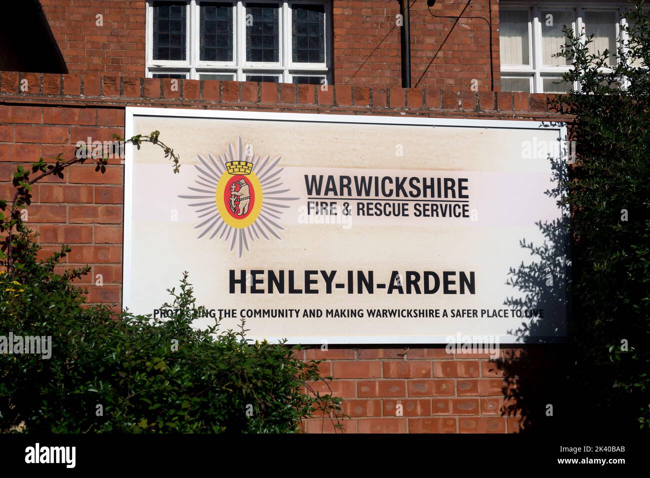 Cartel de la estación de bomberos de Henley-in-Arden, Warwickshire, Inglaterra, Reino Unido Foto de stock