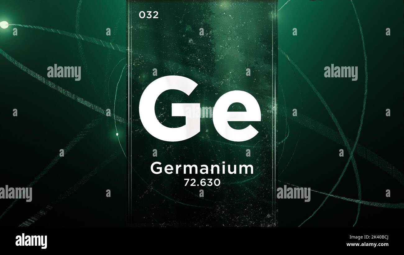 Germanio (GE) símbolo elemento químico de la tabla periódica, animación 3D sobre el fondo del diseño del átomo Foto de stock
