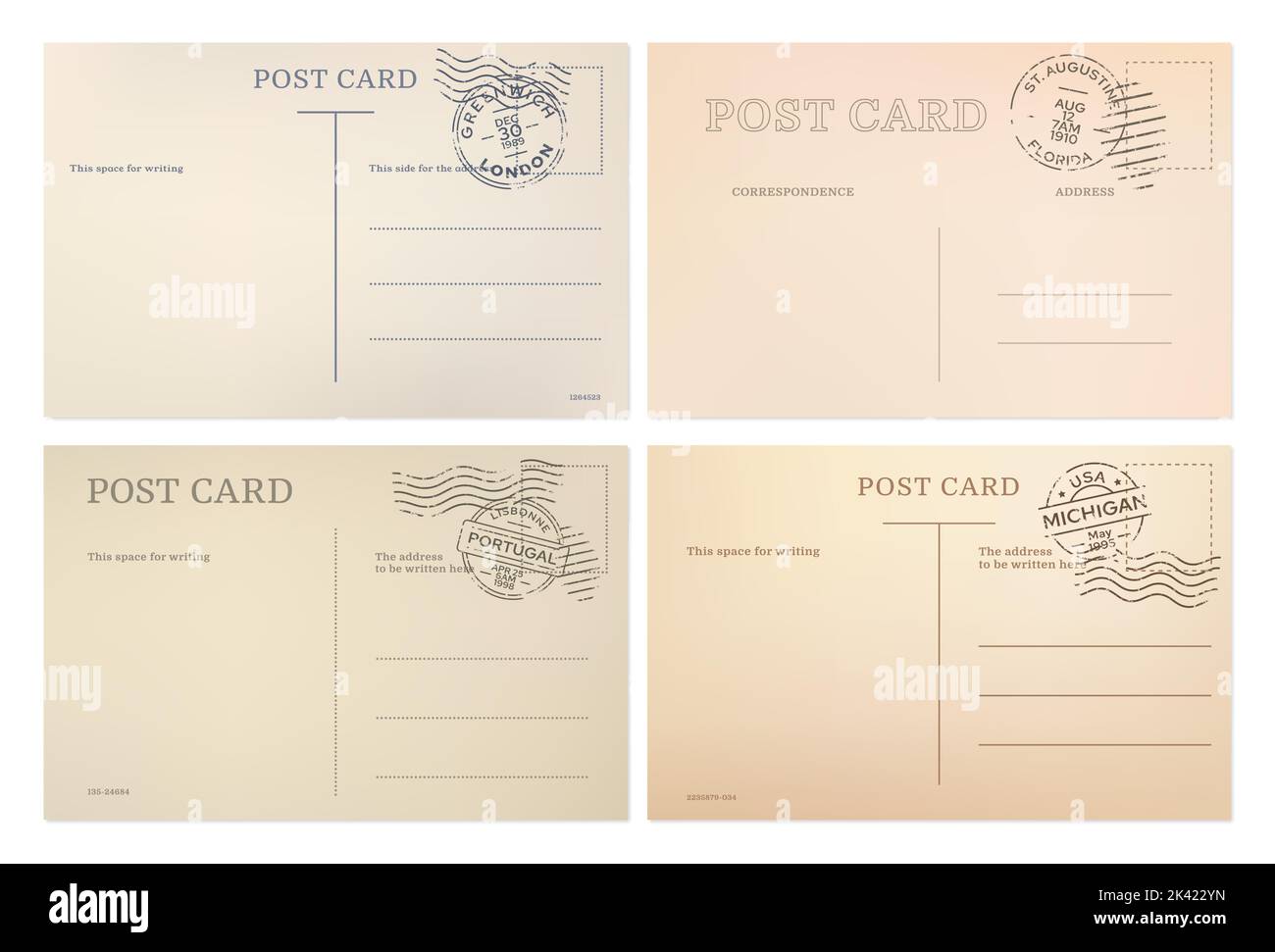 Postales vintage, plantillas de postales con sellos postales, fondos vectoriales. Antiguos backsides de postal retro de Londres, Lisboa, Michigan y Florida, correo en blanco y tarjetas postales de viaje Ilustración del Vector