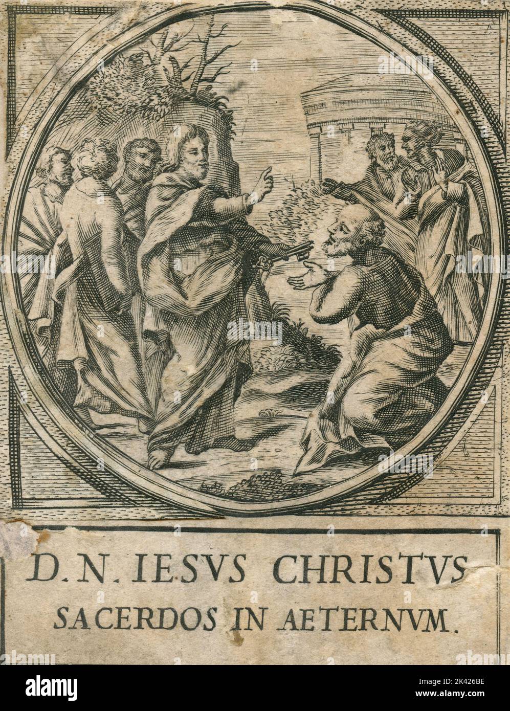 Jesucristo establece el papado designando y dando las llaves a San Pedro, grabado del Summorum Romanorum Pontificcum de Giovanni Giacomo de' Rossi, 1675 Foto de stock