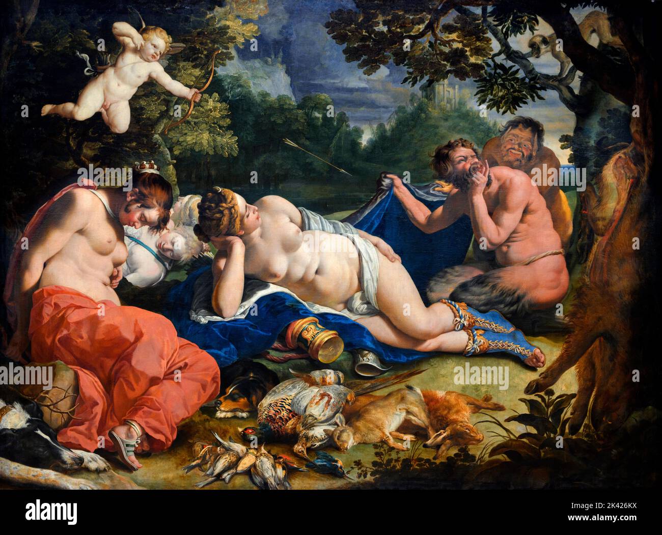 Sátiros espiando a Diana con sus ninfas mientras duermen por Abraham Janssens (1575-1632), óleo sobre lienzo, c.. 1620 Foto de stock