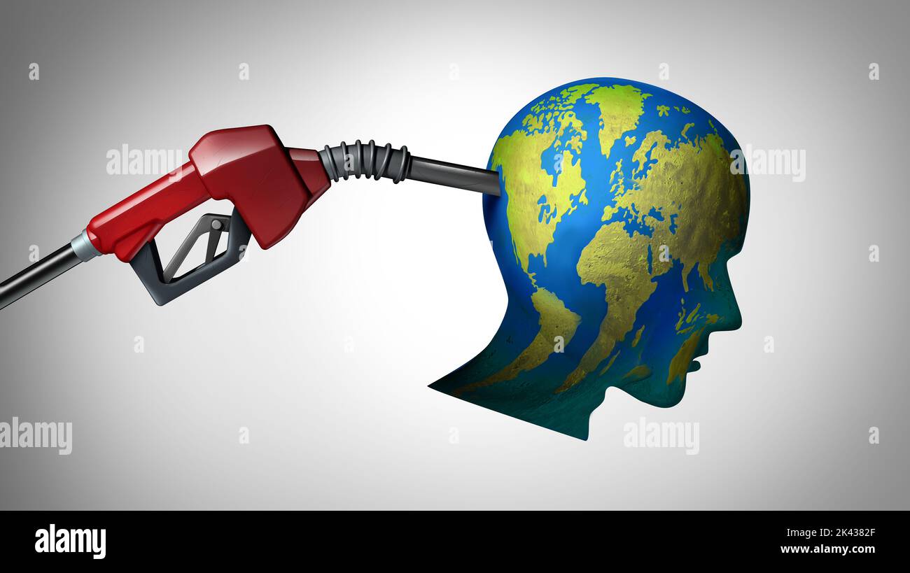 Energía global rehén con una bomba de gas como un arma a la cabeza en forma de mundo como un concepto ambiental o climático con petróleo crudo Foto de stock