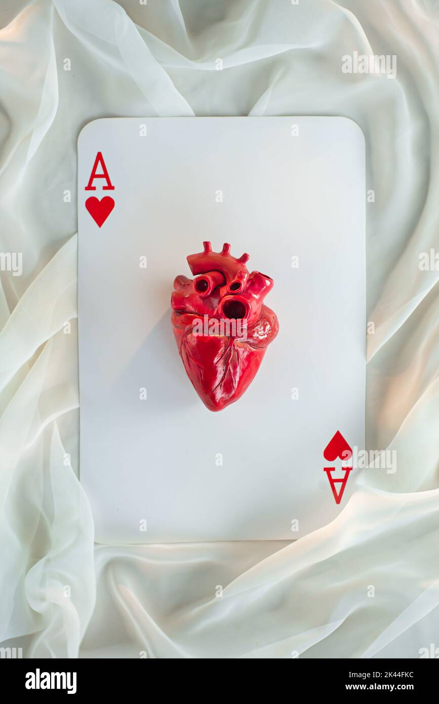 As de corazones, un corazón anatómicamente correcto en el centro de una carta de juego Foto de stock