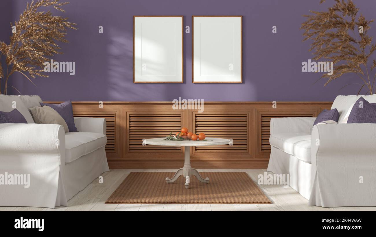 Sala de estar en tonos blancos y púrpura, estilo colonial vintage. Sofá de  tela con almohadas, panel de madera. Alfombra, mesa y decoraciones. Maqueta  de marco, contemporánea Fotografía de stock - Alamy