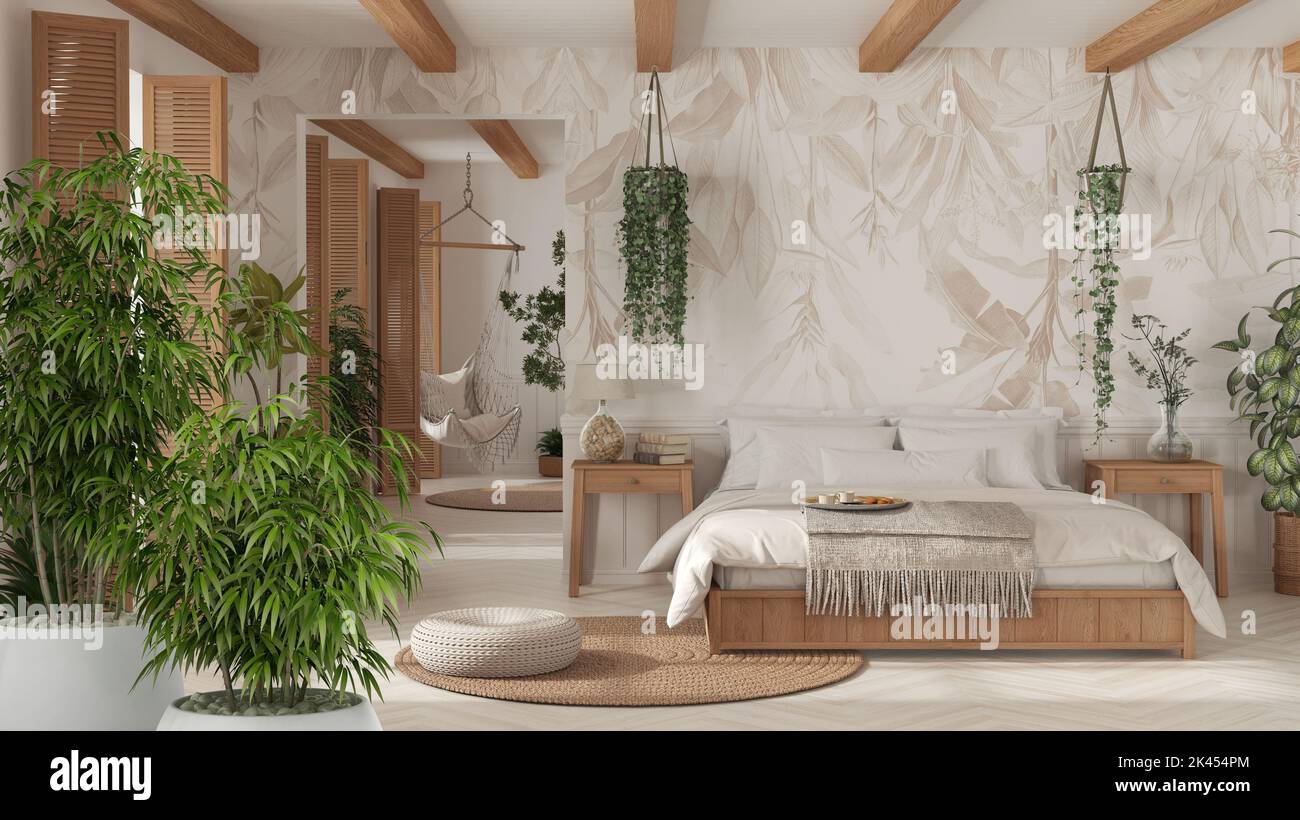 Zen interior con planta de bambú en macetas, concepto de diseño interior  natural, dormitorio de madera bohemia en estilo boho. Cama doble, silla  colgante y pl. En macetas Fotografía de stock -