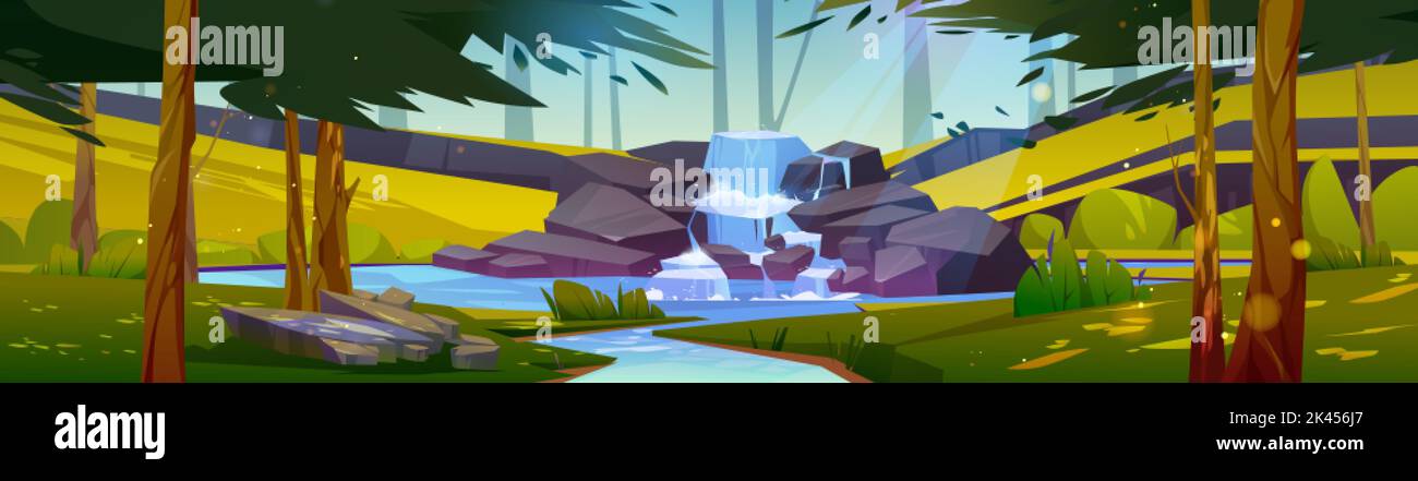 Cascada cascada cascada en el bosque de verano. Paisaje de dibujos animados con río corriente que fluye de rocas a río bajo la luz del sol y ramas de árboles verdes. Panorámica Ilustración del Vector