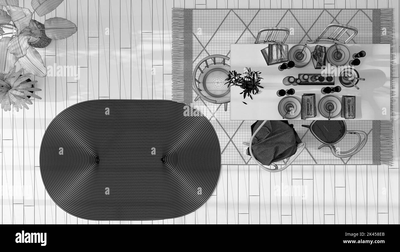 Proyecto de proyecto de plano inacabado, mesa de comedor de madera con mesa. Alfombra de yute, plantas en macetas. Diseño interior boho escandinavo. Arriba Foto de stock