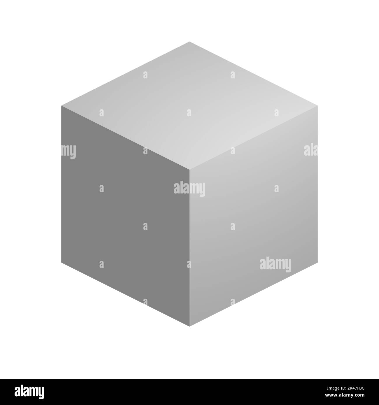 Cubo blanco ortográfico, escala de grises neutra, gris plano, blanco y negro, fondo blanco, recorte Foto de stock