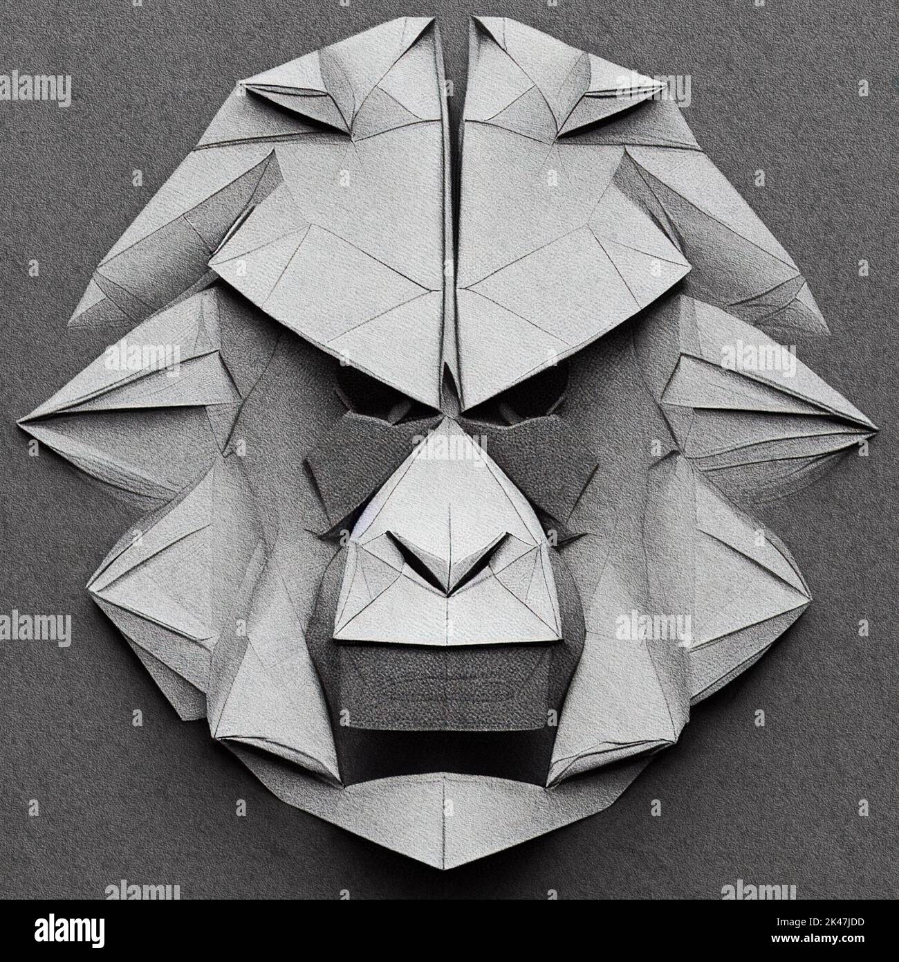 Representación 3D de la cabeza de gorila gris en estilo papel origami Foto de stock