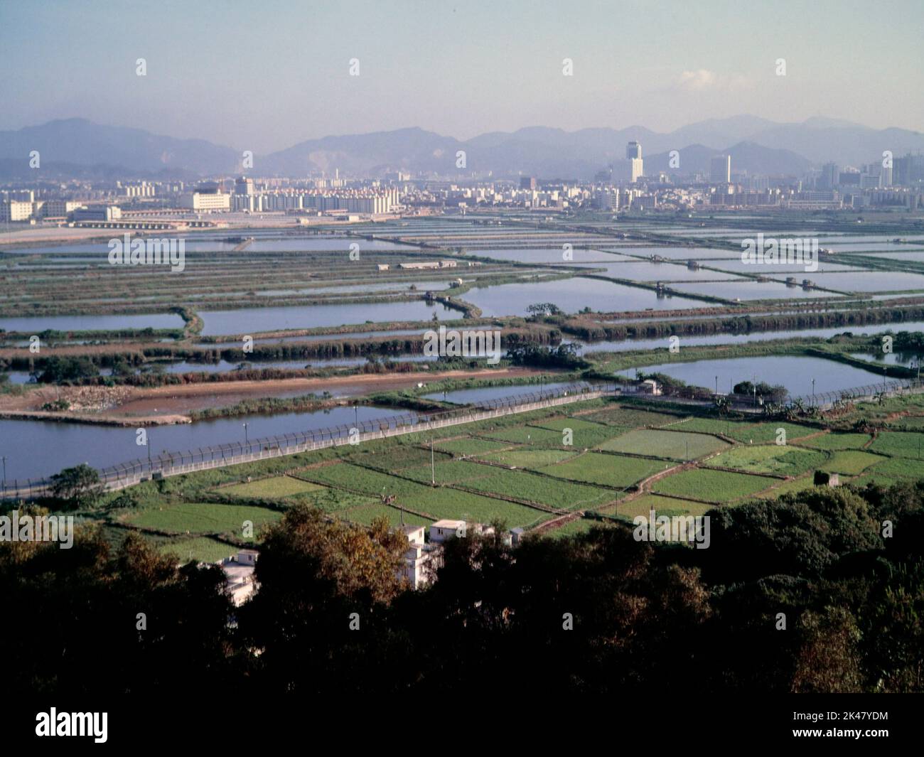 Ciudad de Shenzhen (arriba), Lok Ma Chau 'Loop', y la cerca de seguridad fronteriza, vista desde la estación de policía de Lok Ma Chau, 1992 Foto de stock