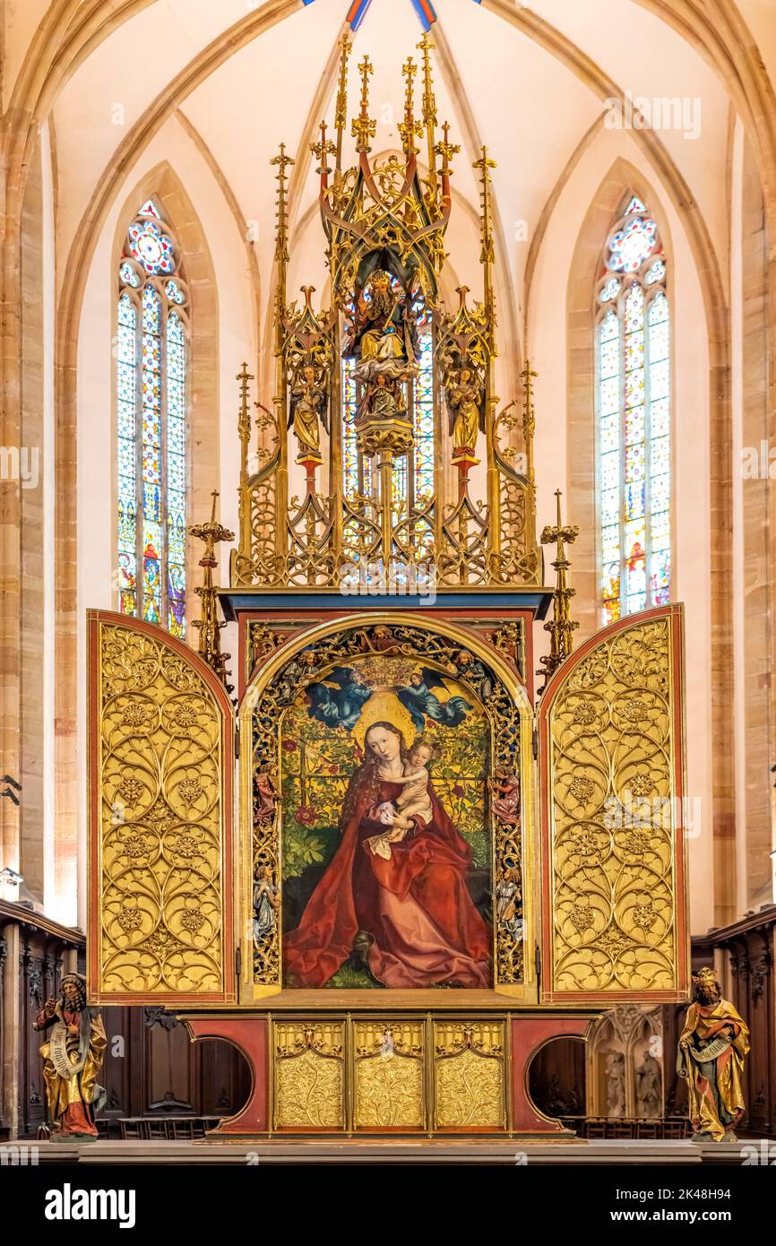 Madonna im Rosenhag von Martin Schongauer im Innenraum der Dominikanerkirche en Colmar, Elsass, Frankreich | La Vierg de Martin Schongauer Foto de stock
