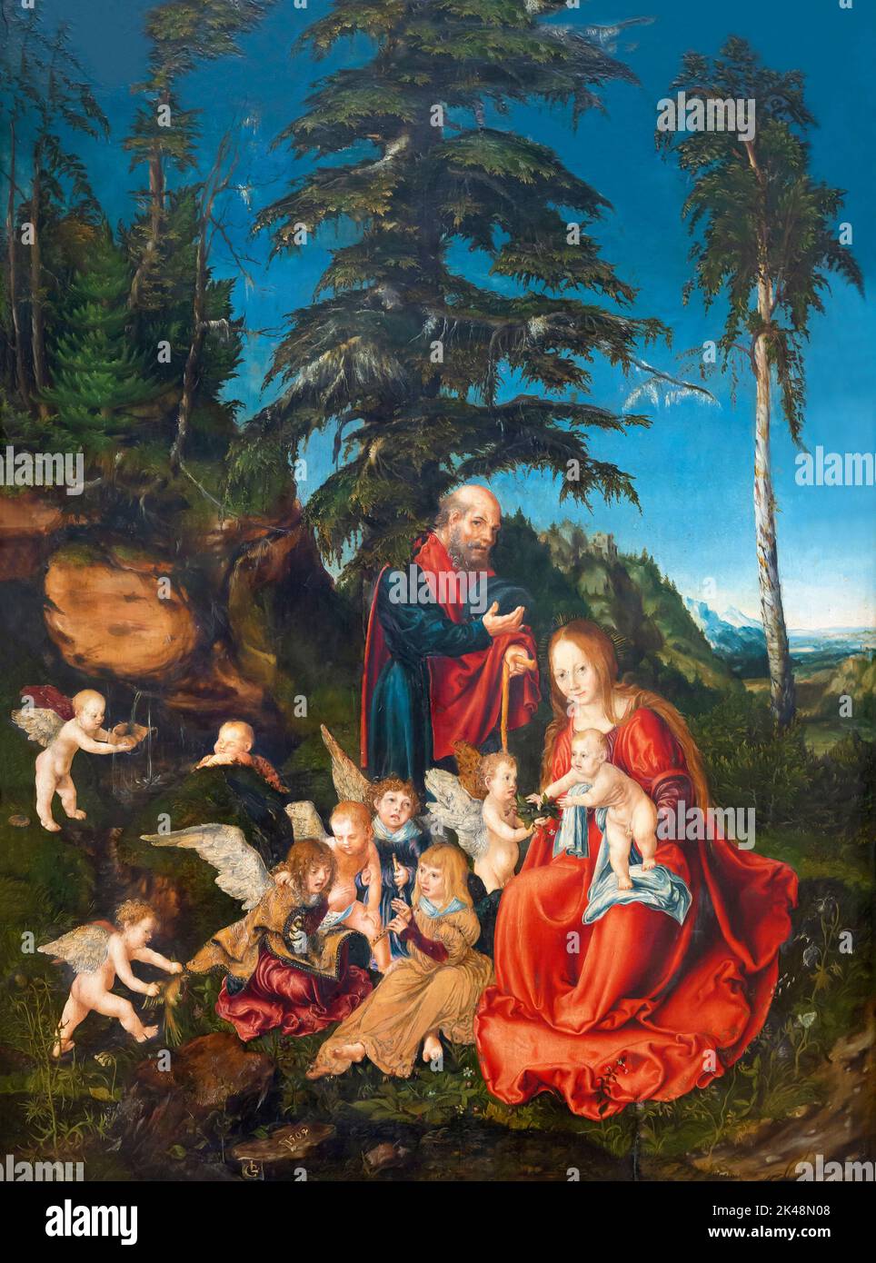 Descanso de la huida a Egipto, Lucas Cranach el Viejo, 1504, Gemaldegalerie, Berlín, Alemania, Europa Foto de stock