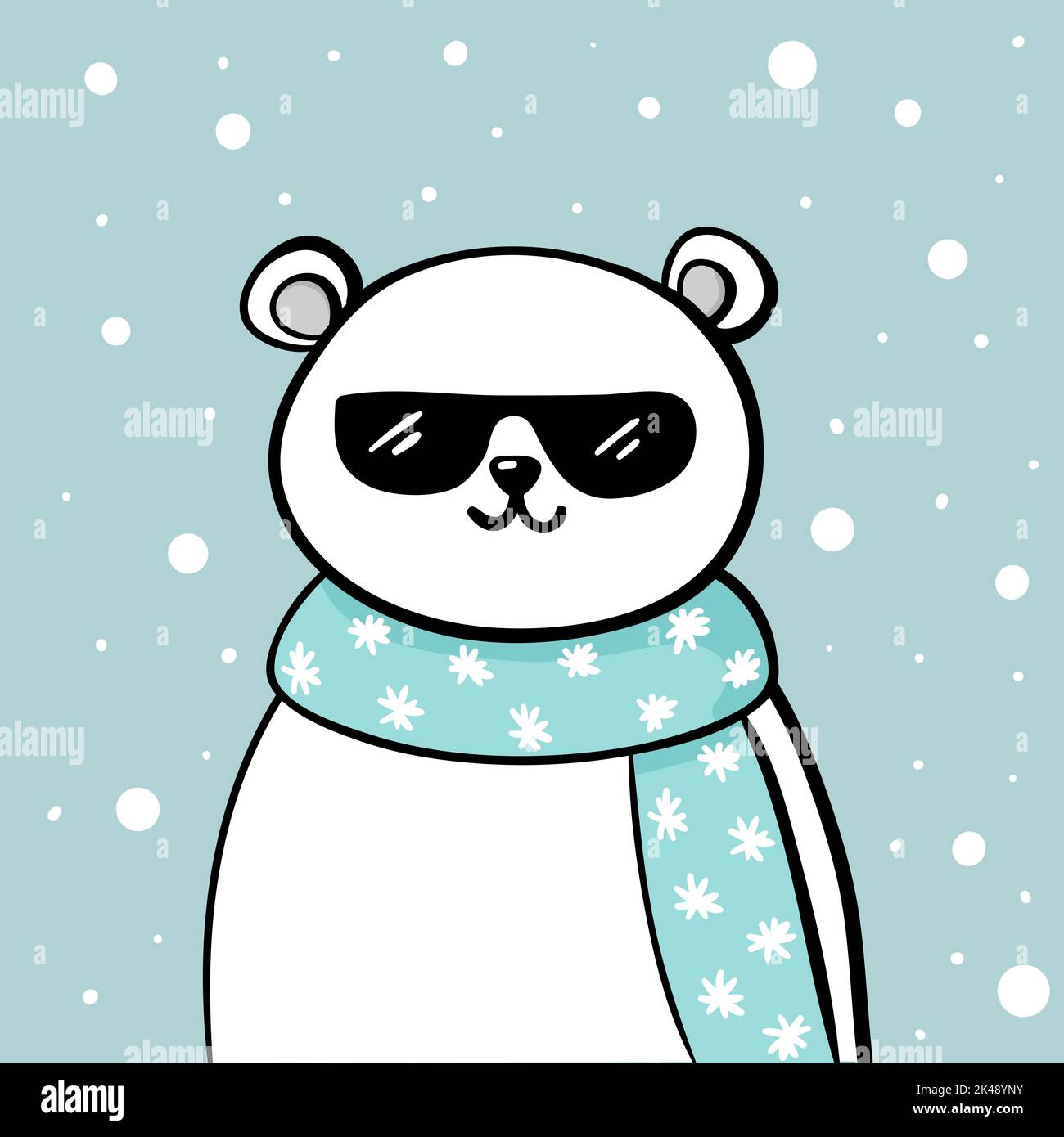 Oso polar frío en gafas de sol. Tarjeta de año nuevo para niños con un bonito oso blanco y nieve en estilo garabato Ilustración del Vector