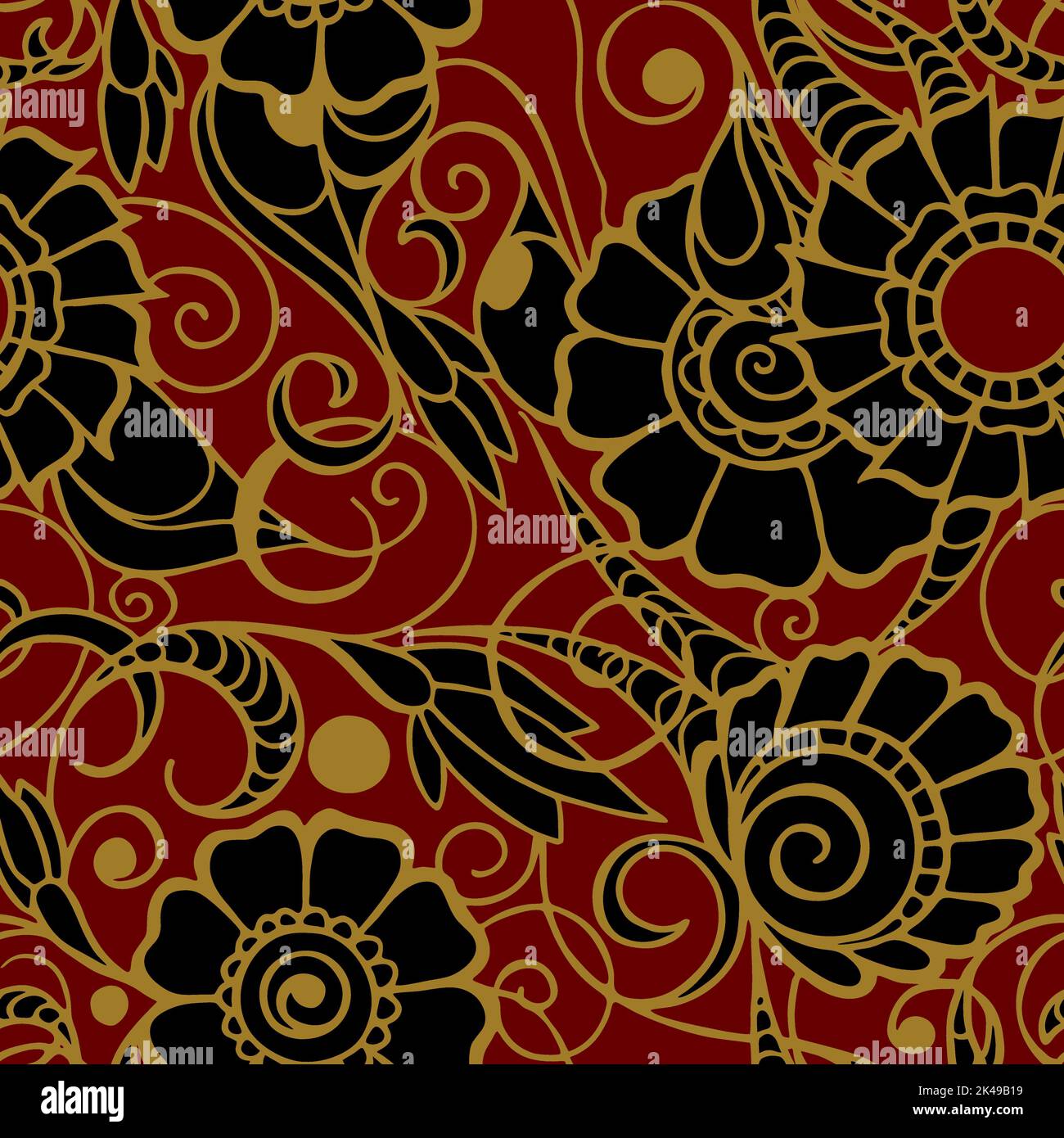 patrón sin costuras de grandes flores negras con un contorno dorado sobre  un fondo rojo, textura, diseño Fotografía de stock - Alamy