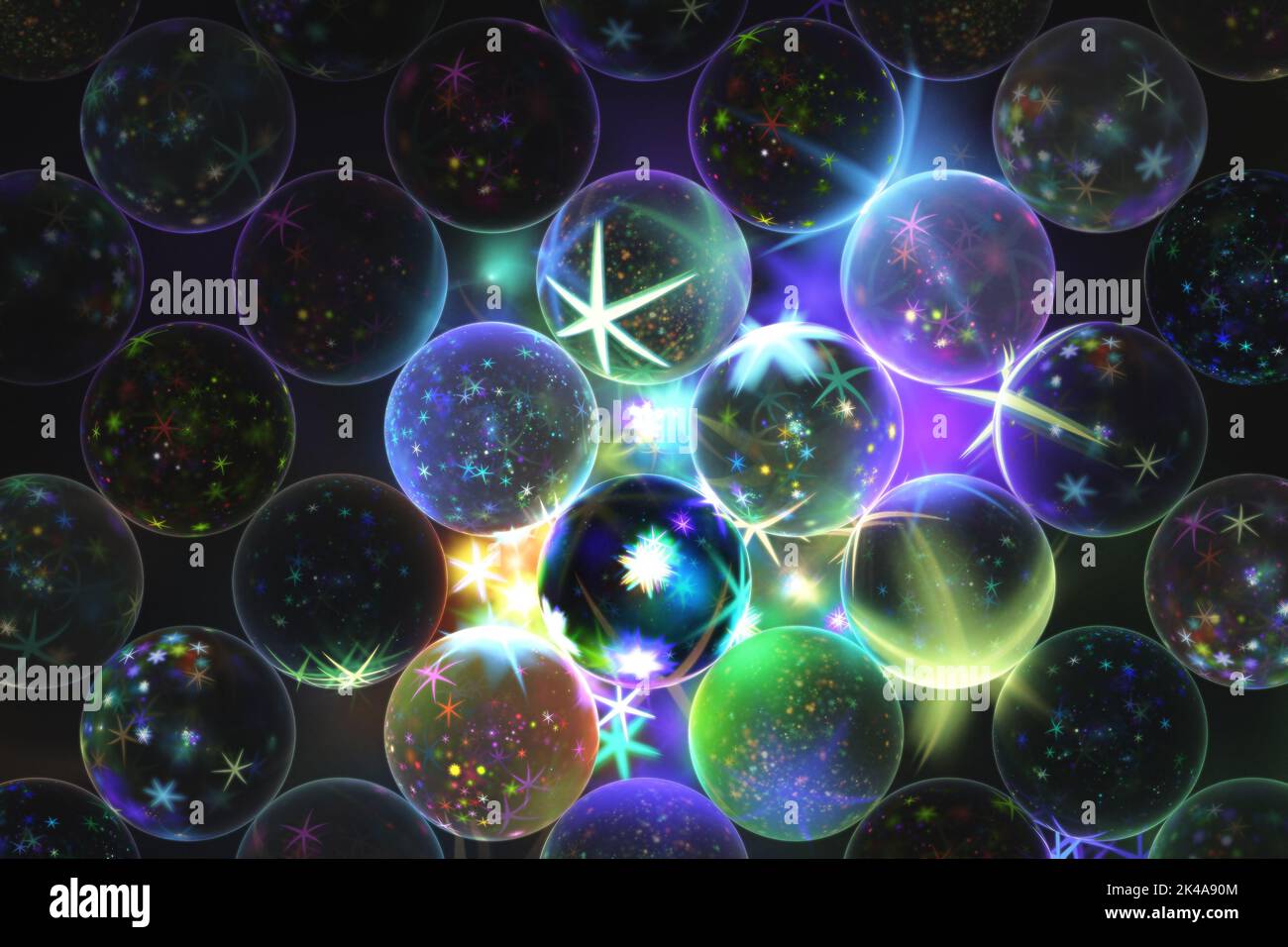 Fondo fractal con esferas decoradas con estrellas en la oscuridad Foto de stock