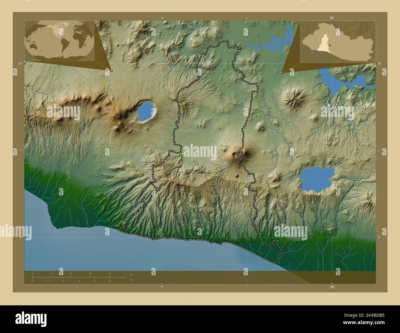 La Libertad, departamento de El Salvador. Mapa de altura en color con