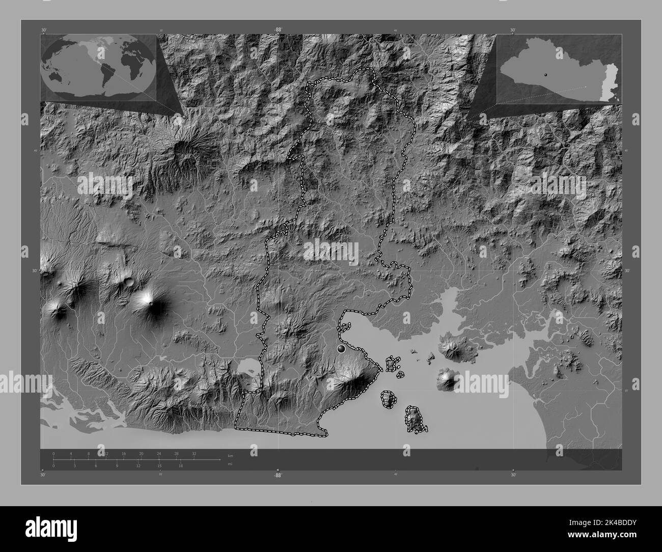 La Unión, departamento de El Salvador. Mapa de elevación en dos niveles