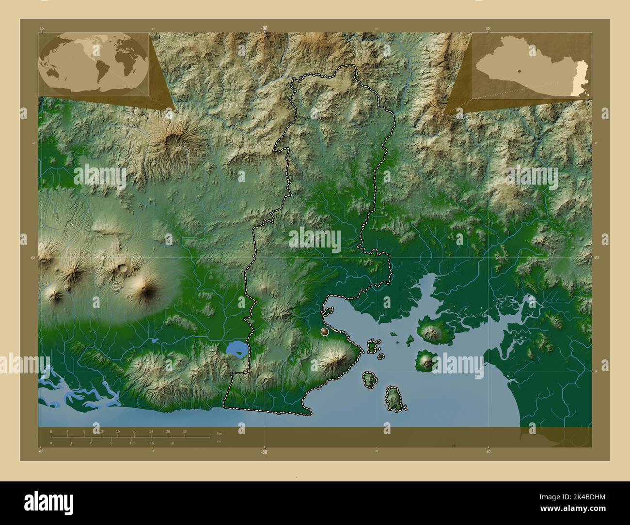 La Unión, departamento de El Salvador. Mapa de altura en color con