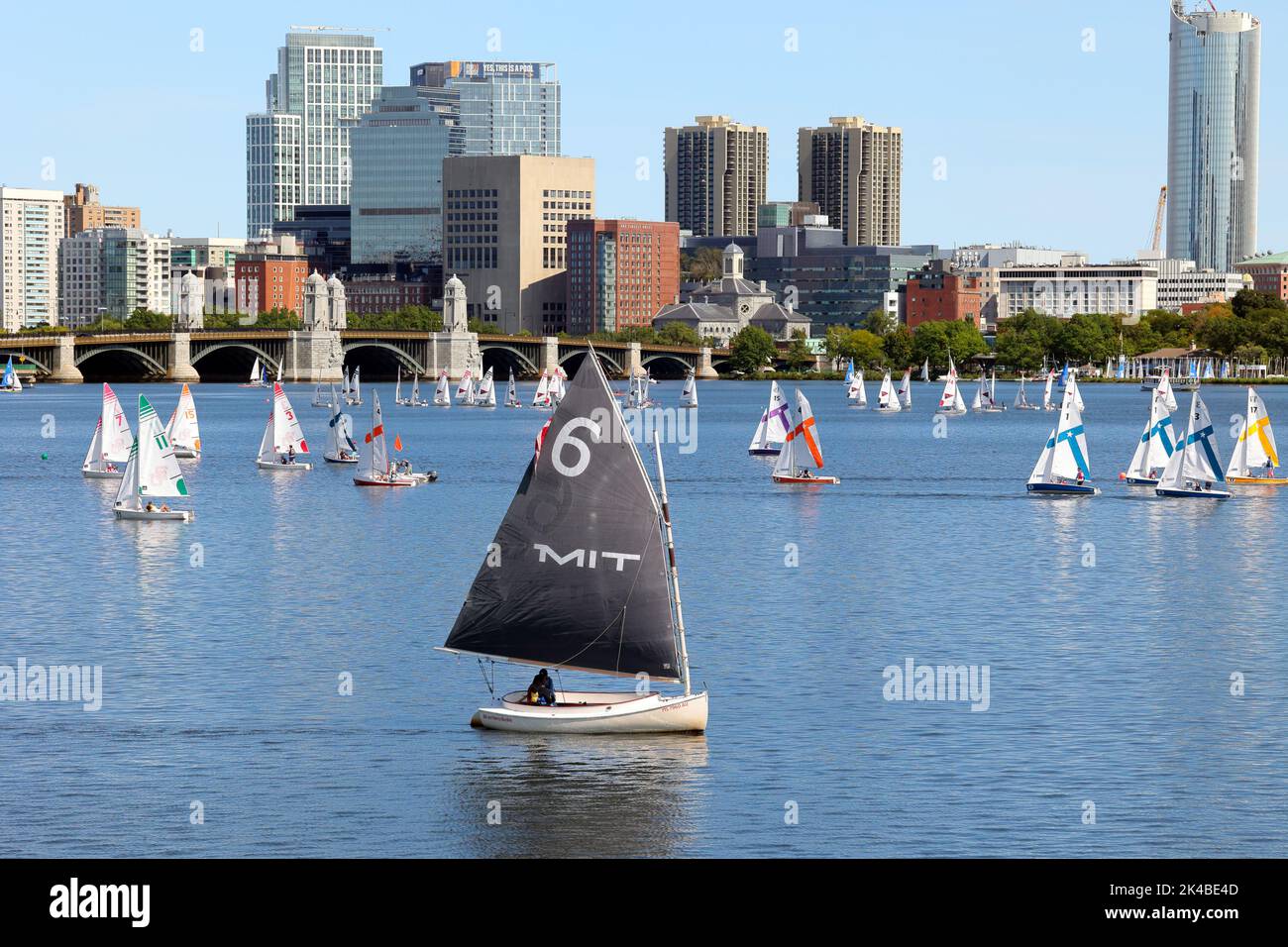 Una lancha solitaria del MIT entre una flotilla de veleros de la Universidad de Boston en el río Charles con el puente Longfellow y el horizonte de Boston al fondo Foto de stock