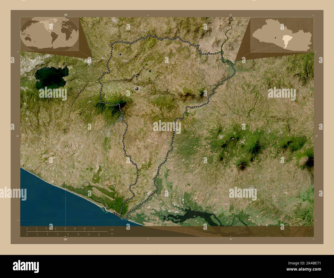 San Vicente, departamento de El Salvador. Mapa satelital de baja resolución. Ubicaciones de las