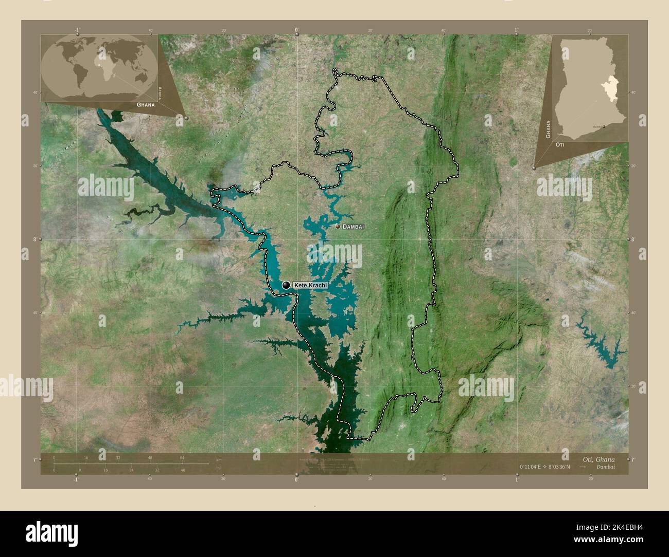 OTI, región de Ghana. Mapa satelital de alta resolución. Lugares y