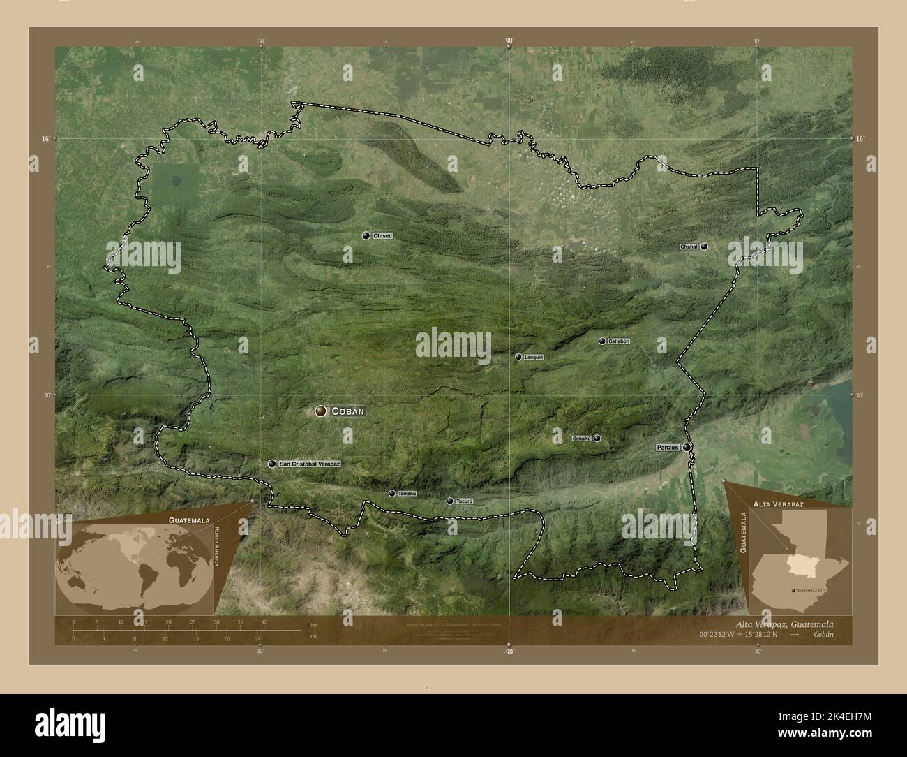 Alta Verapaz, departamento de Guatemala. Mapa satelital de baja resolución. Lugares y nombres de Alta Verapaz, departamento de Guatemala. Mapa satelital de baja resolución. Lugares y nombres de