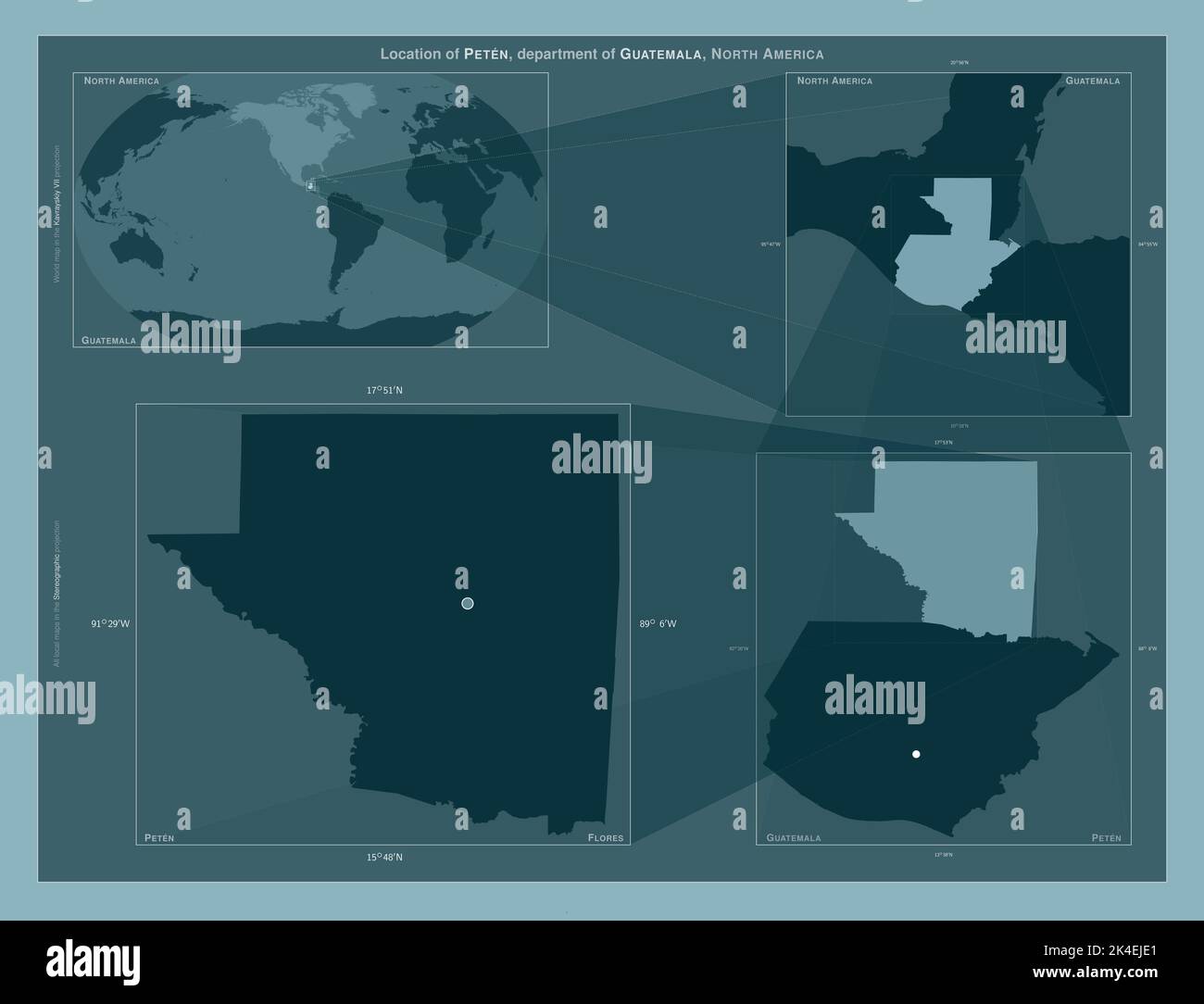 Peten, departamento de Guatemala. Diagrama que muestra la ubicación de la región en mapas a