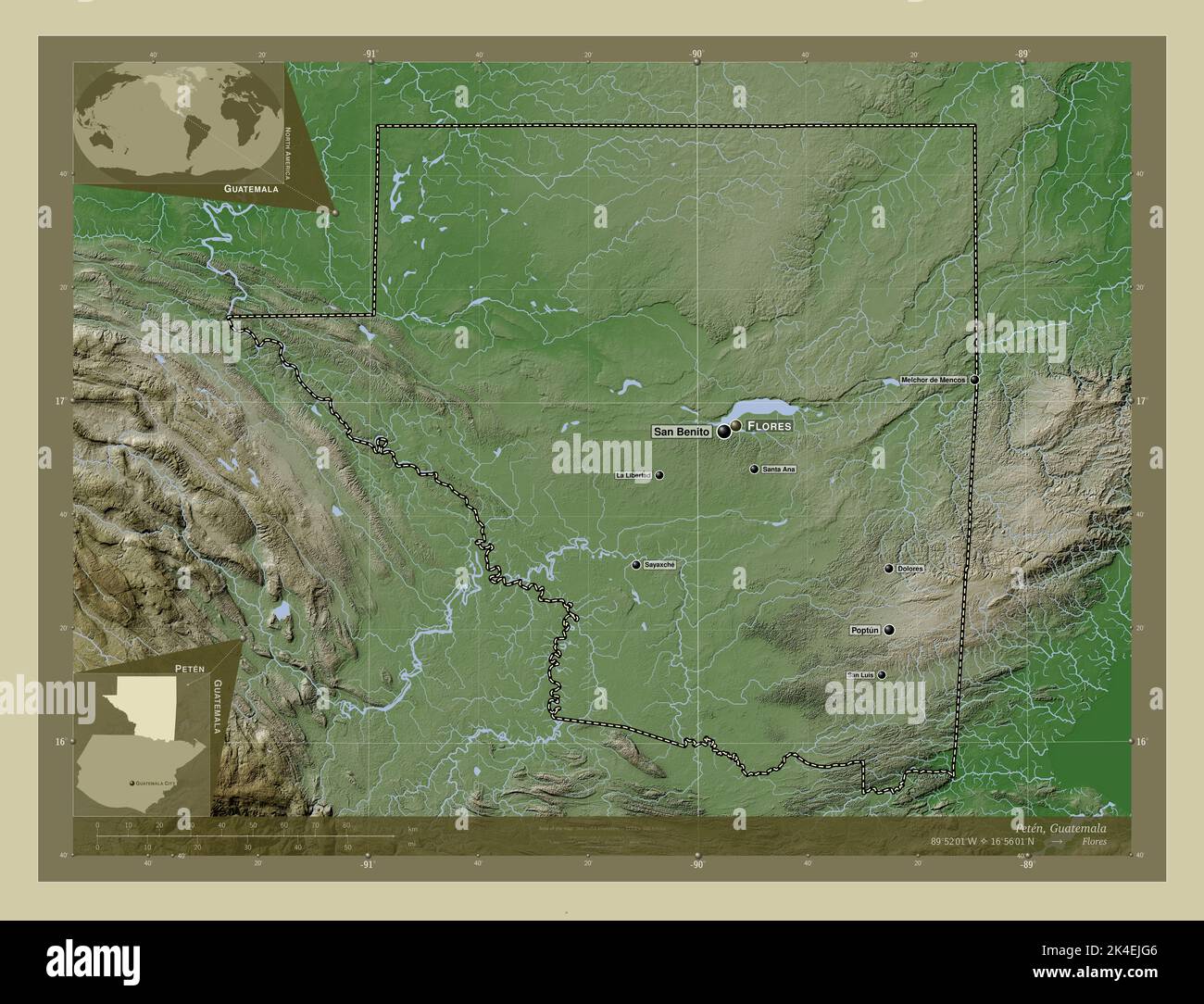 Peten, departamento de Guatemala. Mapa de altura coloreado en estilo