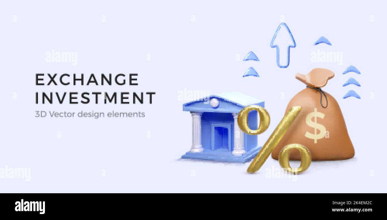 3D edificio del banco azul con bolsa de dinero y flechas hacia arriba con el símbolo de porcentaje dorado. Inversión de intercambio de éxito. Depósito bancario a una tasa de interés ascendente. Negocio ba Ilustración del Vector