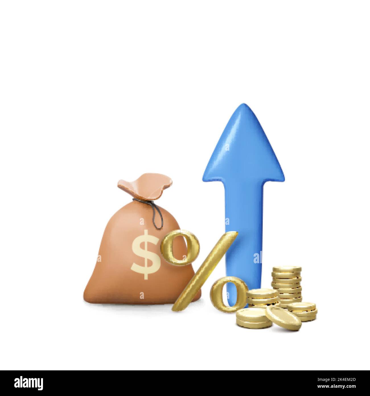 3D Porcentaje de Oro Cantan con Money Bag y Monedas Stack y Arrow Up en Cartoon Style. Crecimiento de Ahorros en Cuenta Bancaria. El éxito de la negociación en intercambio de acciones Ilustración del Vector
