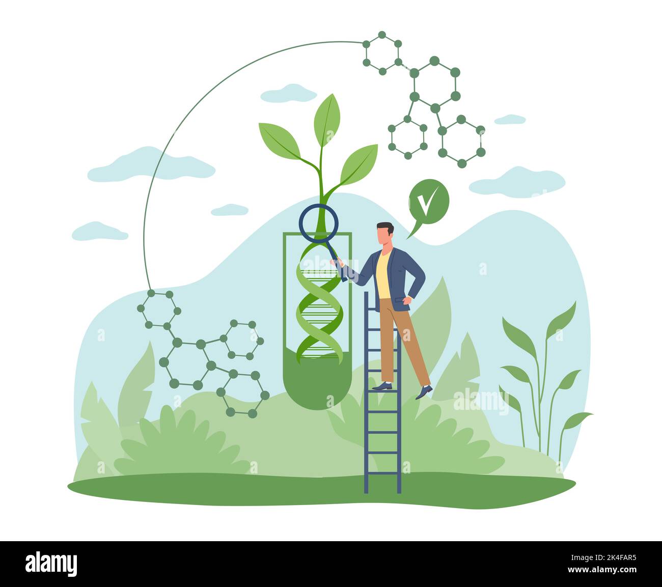 Ingeniería genética, mejora de biogelix. Hombre científico diminuto con