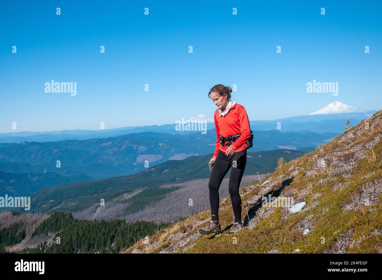 Mujer soltera caminando en las laderas del Monte Hood en el estado de Oregón, EE.UU Foto de stock