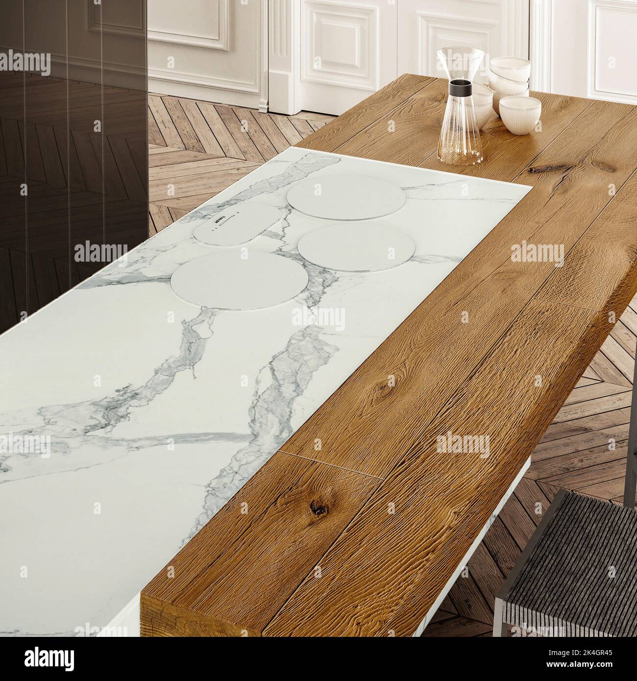 mesa de mármol con tabla de madera en el interior de la cocina Fotografía  de stock - Alamy