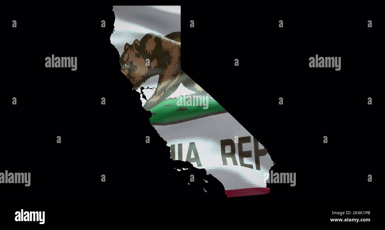 Mapa del estado de California con bandera ondeadora. Fondo del canal alfa. Foto de stock