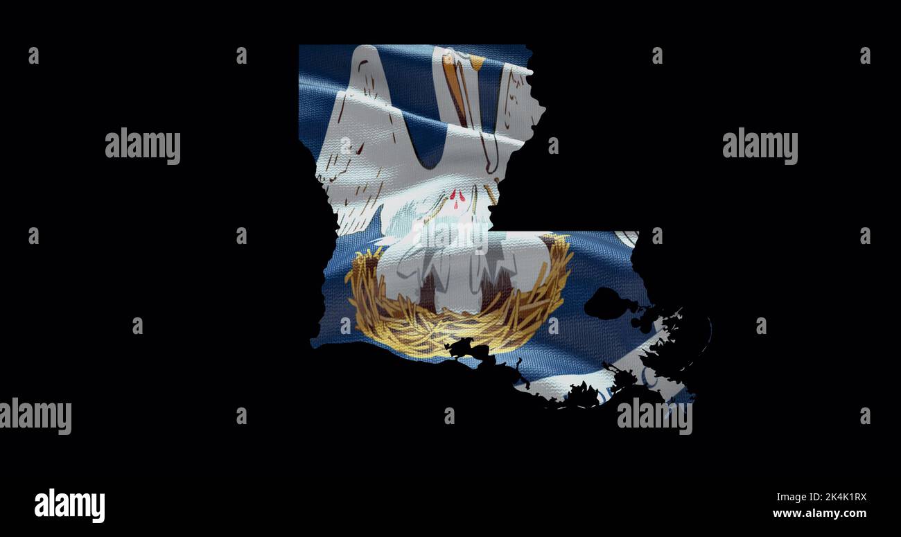Mapa del estado de Luisiana con bandera ondeadora. Fondo del canal alfa. Foto de stock