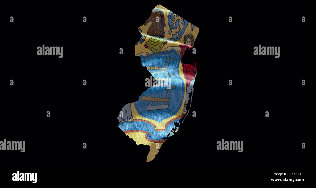 Mapa del estado de Nueva Jersey con bandera ondeadora. Fondo del canal alfa. Foto de stock