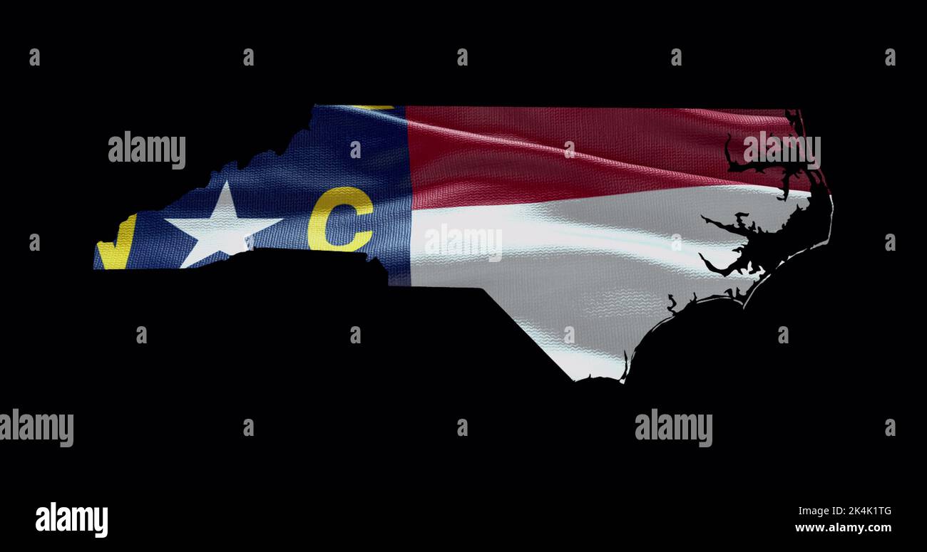 Mapa del estado de Carolina del Norte con bandera ondeadora. Fondo del